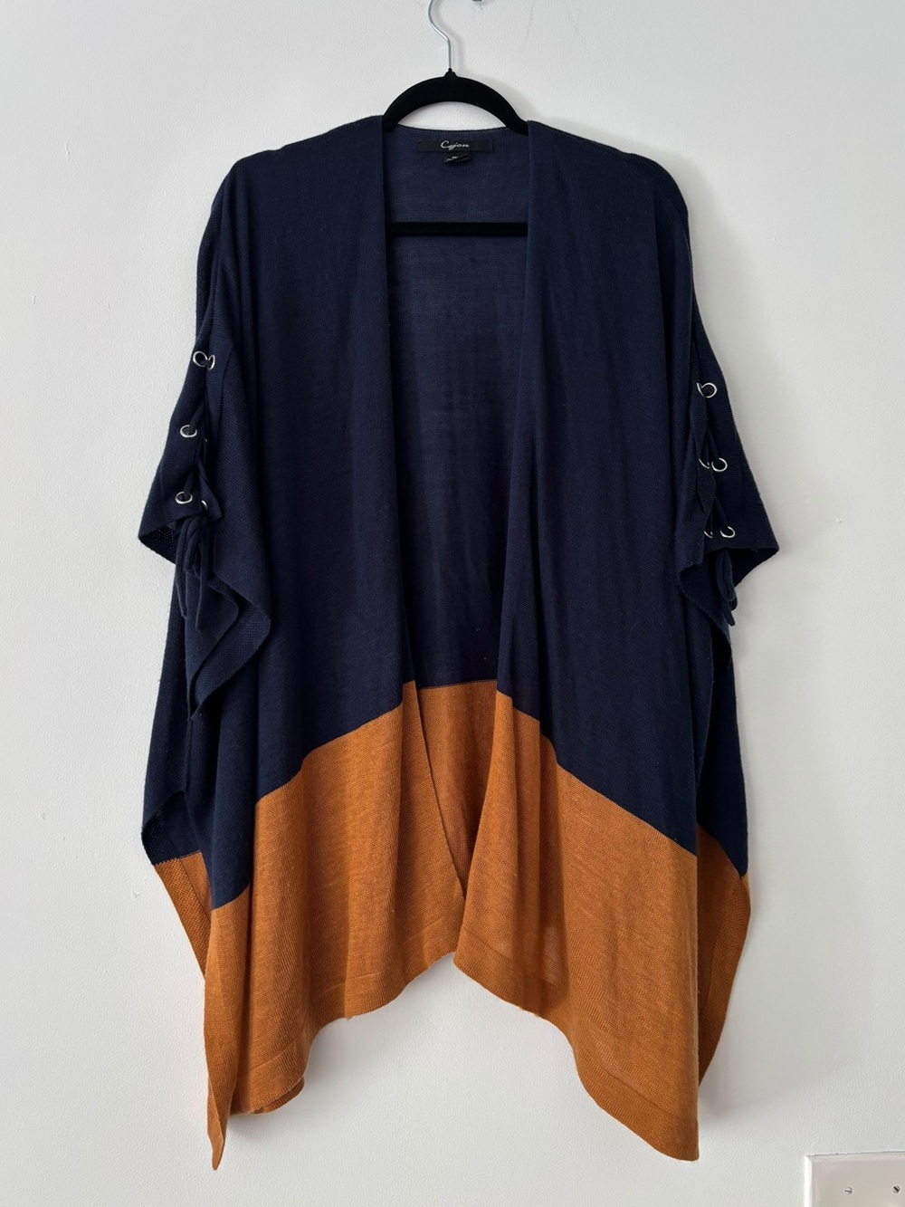 Cejon Womens OS Navy Rust Colorblock Lace Up Open Front Ruana Poncho Wrap